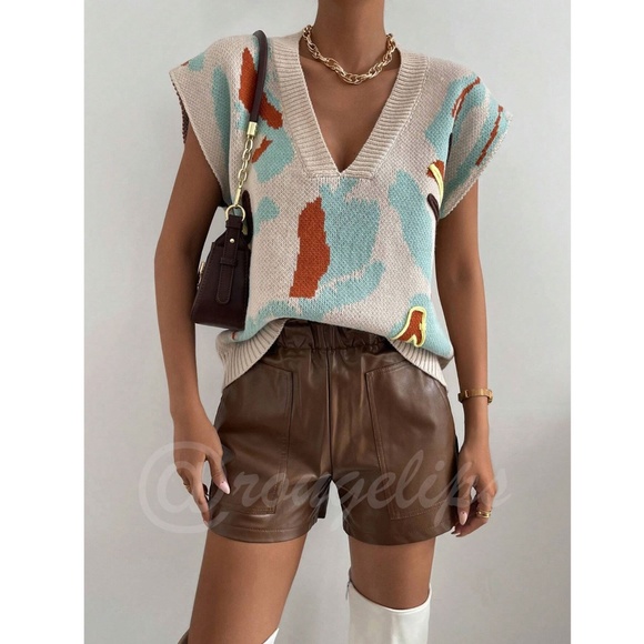 Knit Sleeveless Vest V-Neck Graphic Abstract Pattern Beige Oversized Loose Fit - Picture 4 of 11